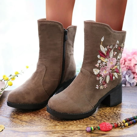 

TALKVE Embroidery Boots Fashion High Heels Women Tassel Flowers Shoes Ankle Boots Boots Women Women s Boots