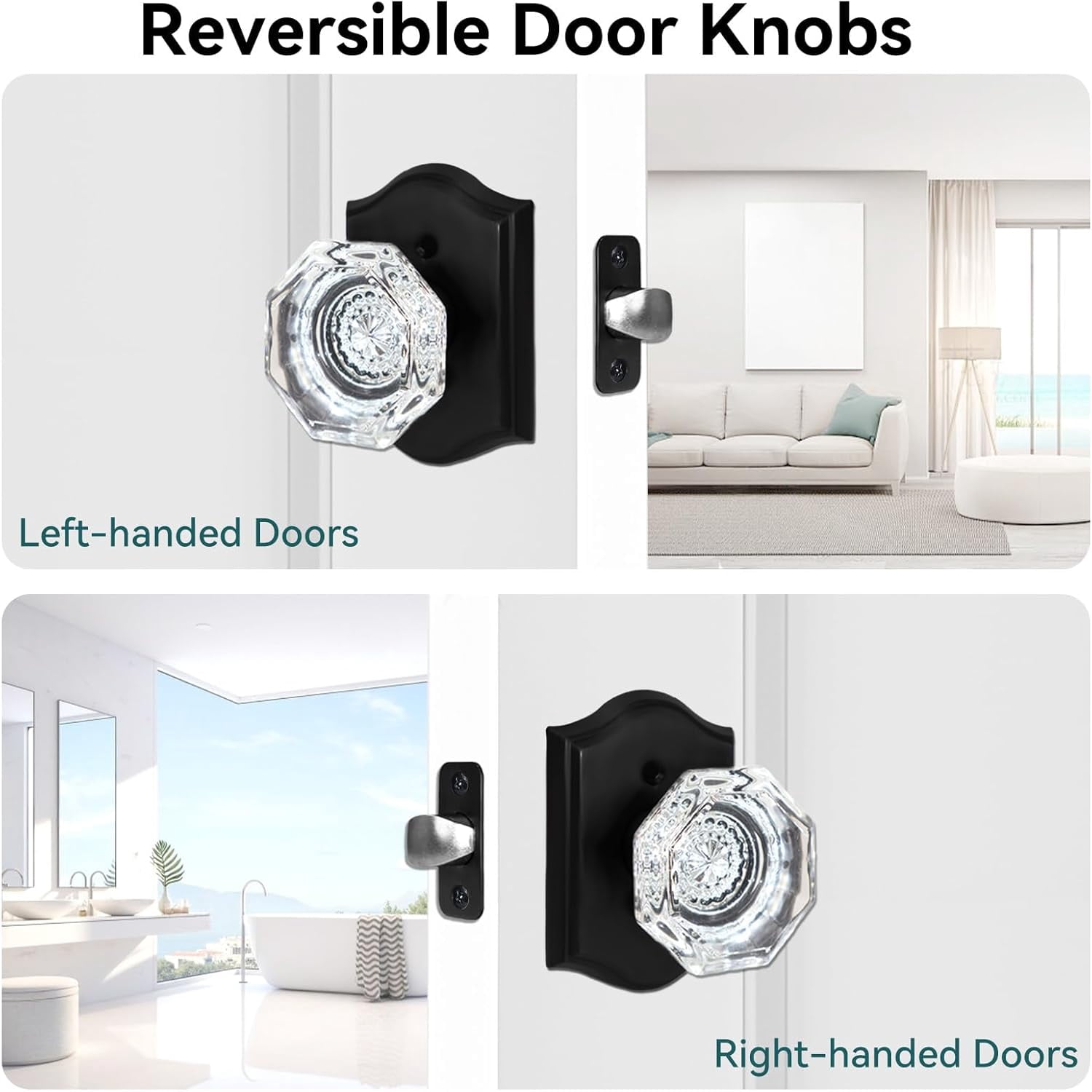 3 Pack Glass Door Knobs, Octagonal Black Crystal Door Knobs, Glass Privacy Door Knobs Interior for Bathroom Bedroom, Clear Crystal Door Knob Set