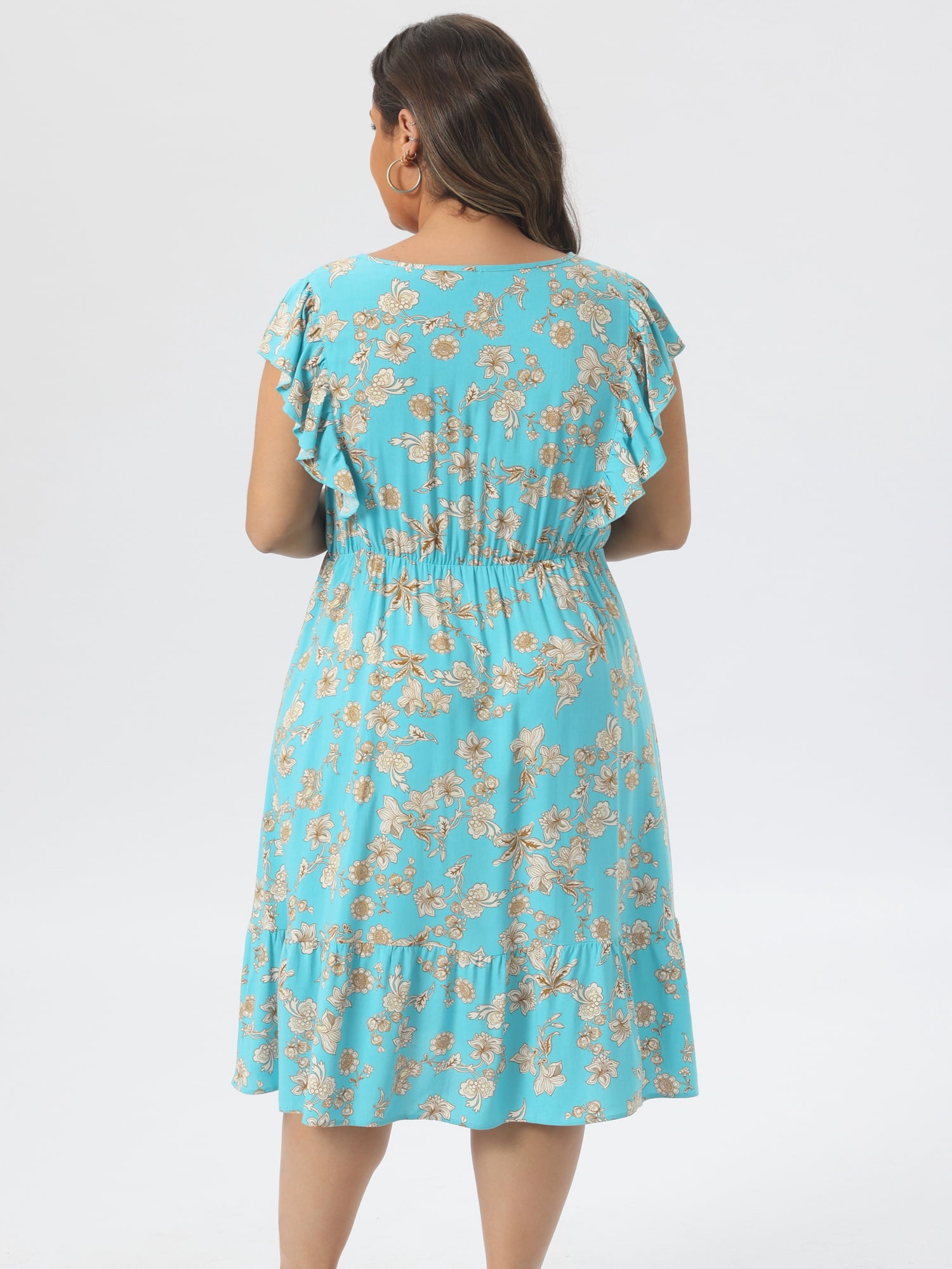 DARING DIVA Women's Plus Size V Neck Ruffle Sleeve Knee Length Casual Dress 4X Lake Blue
