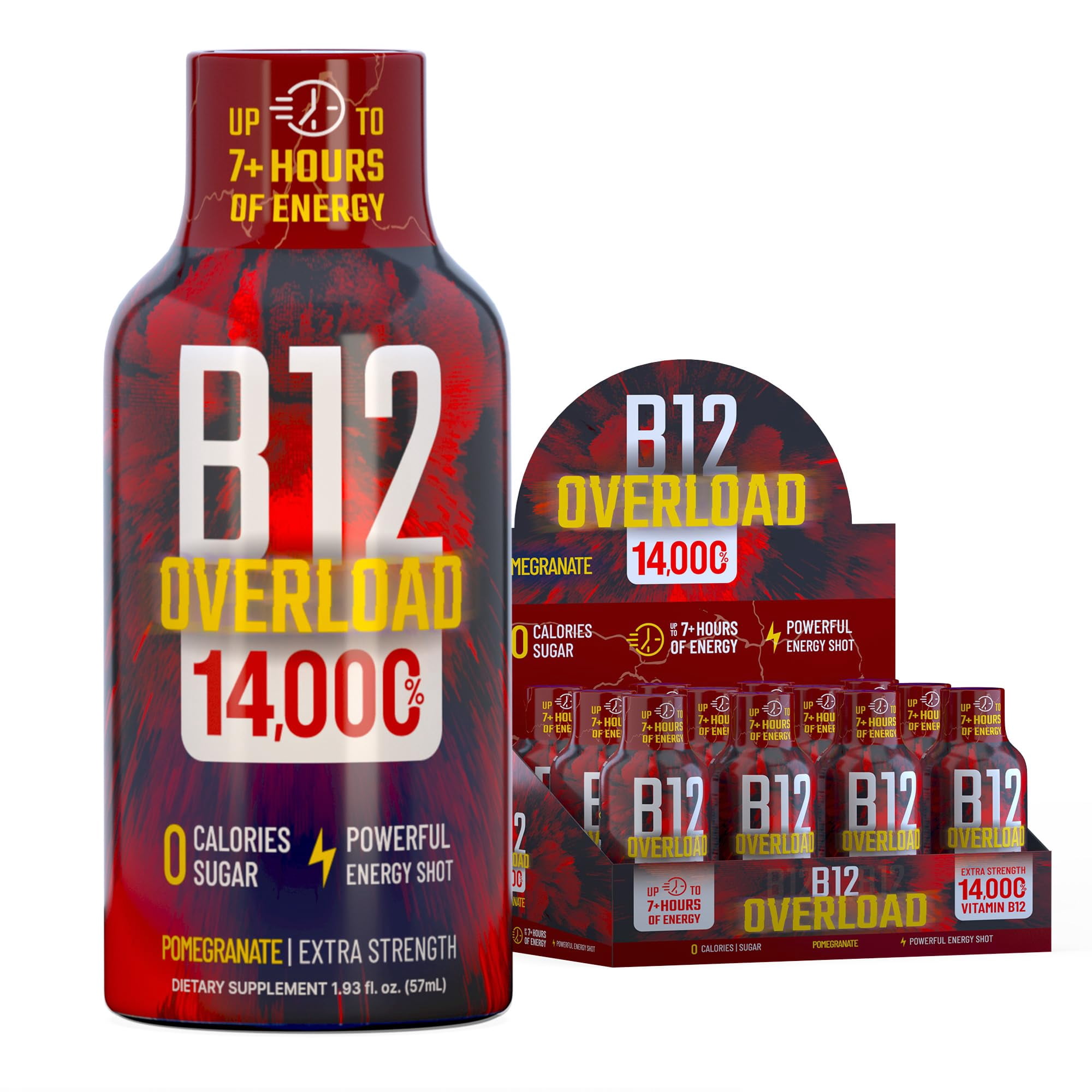 Vitamin Energy B12 Overload Extra Strength Shot, Pomegranate, 12 Pack – 260mg Natural Caffeine, 14,000% DV B12 & Electrolytes, Zero Sugar, 1.93 fl oz