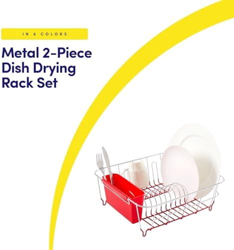 Metal 2 Piece Dish Drying Rack Set Drainer with Utensil Holder Simple Easy to Use Fits in Most Sinks, 14.5" x 13" x 5.25", Red