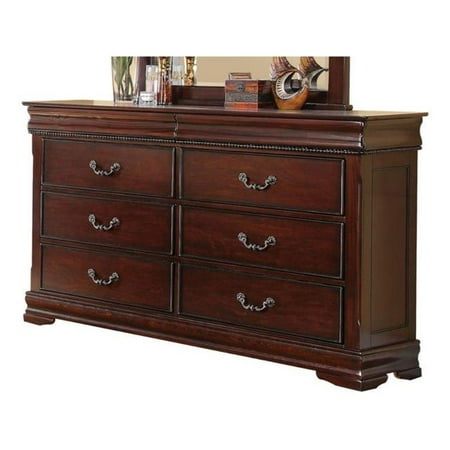 Benzara Six Drawers Wooden Dresser With Dentil Molding Cherry