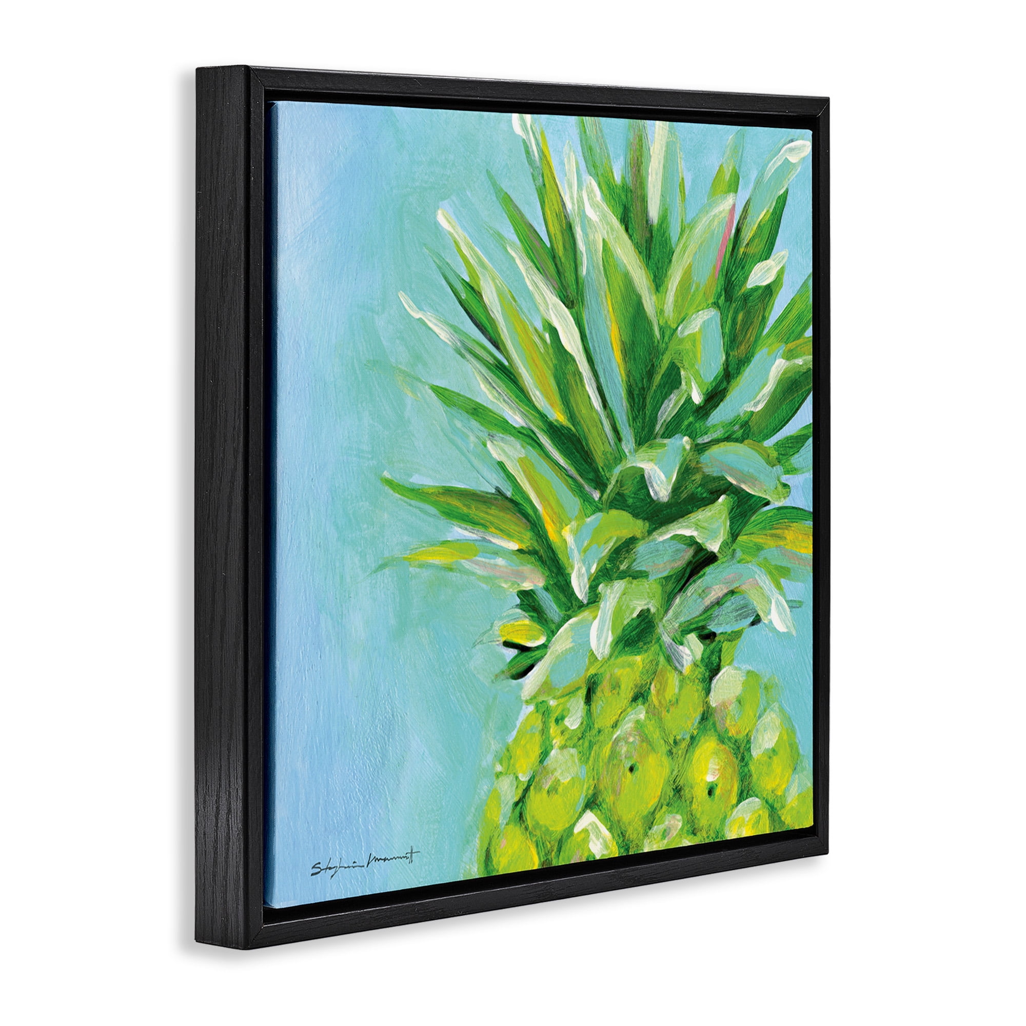 Stupell Industries Tropical Pineapple on Blue Food & Beverage Painting Black Floater Framed Canvas Art Print Wall Art, 18 x 18