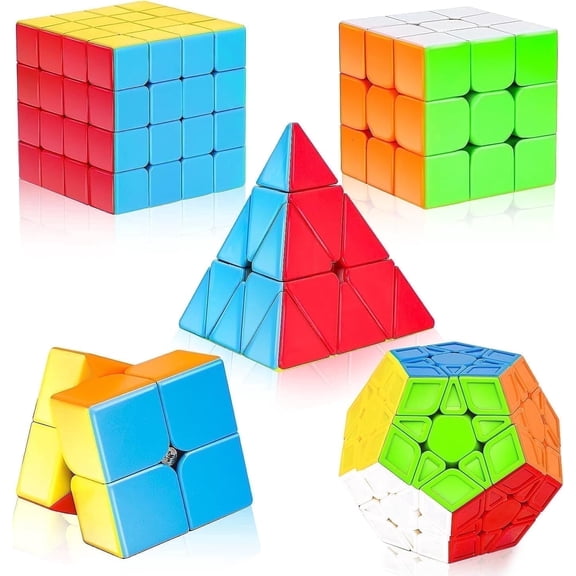 AuntyFey 5 Packs Speed Magic Cube Set with 3x3, 2x2, 4x4, Pyramid, Megaminx Stickerless Cube for Kids Toddlers Adults, Puzzle Cube Set for Kid