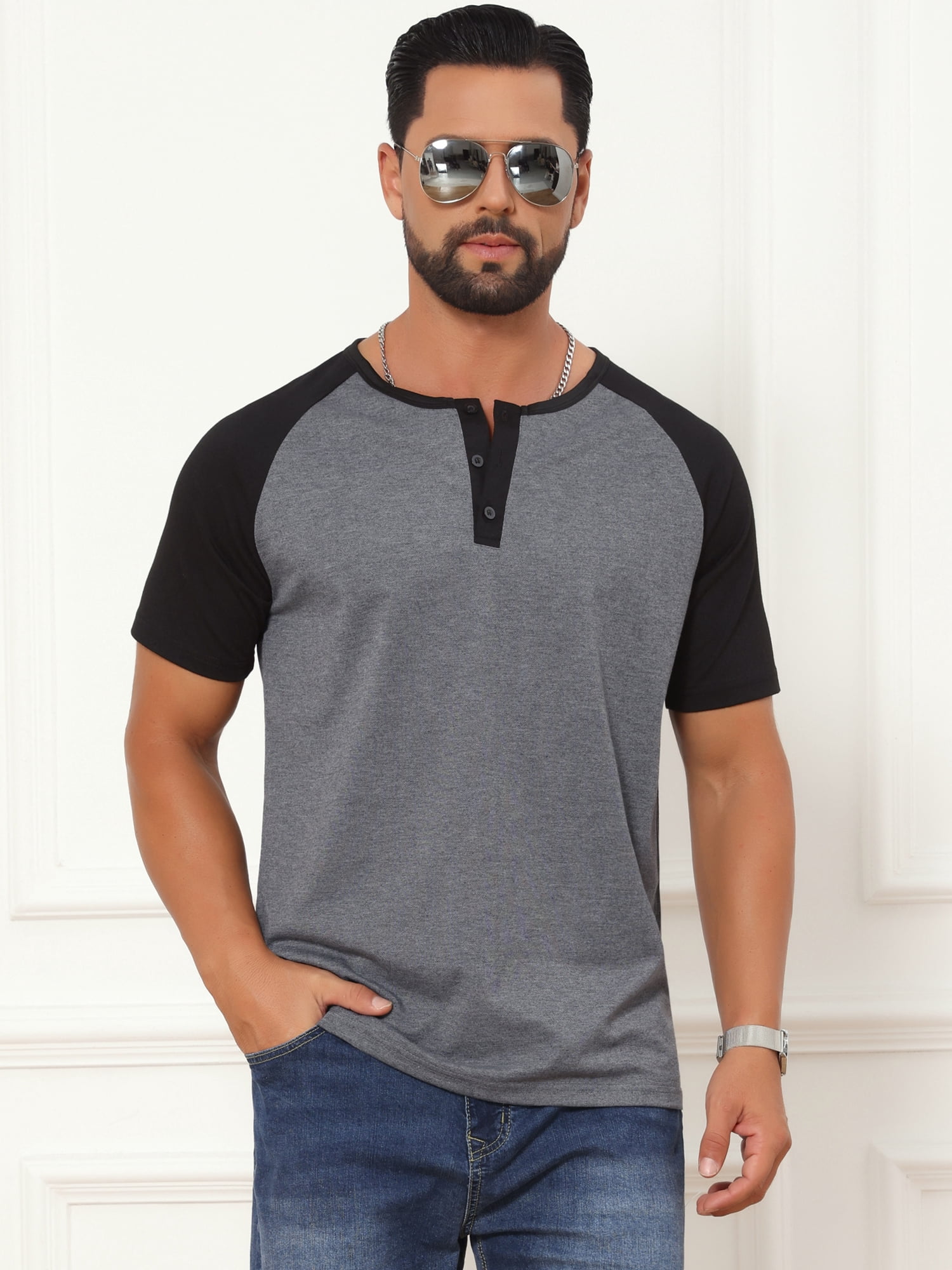 DARING DIVA Men's Henley Button Down Color Block Short Sleeve T-Shirt M Dark Gray