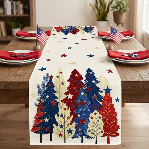 Hyknon 4th of July Patriotic Table Runner, Independence Day Kitchen Table Decor, Memorial Day Red White Blue Party Centerpiece, Good Bless America Hearts Pine Trees Kitchen Dining Decor for Room Home