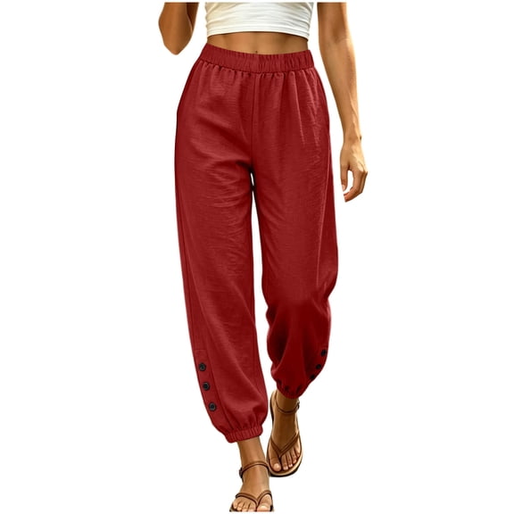 Qingpeng Womens Textured Woven Jogger Pants Elastic Drawstring High Waisted Side Hidden Pockets Button Decor Cuff Loose Summer Casual Trousers