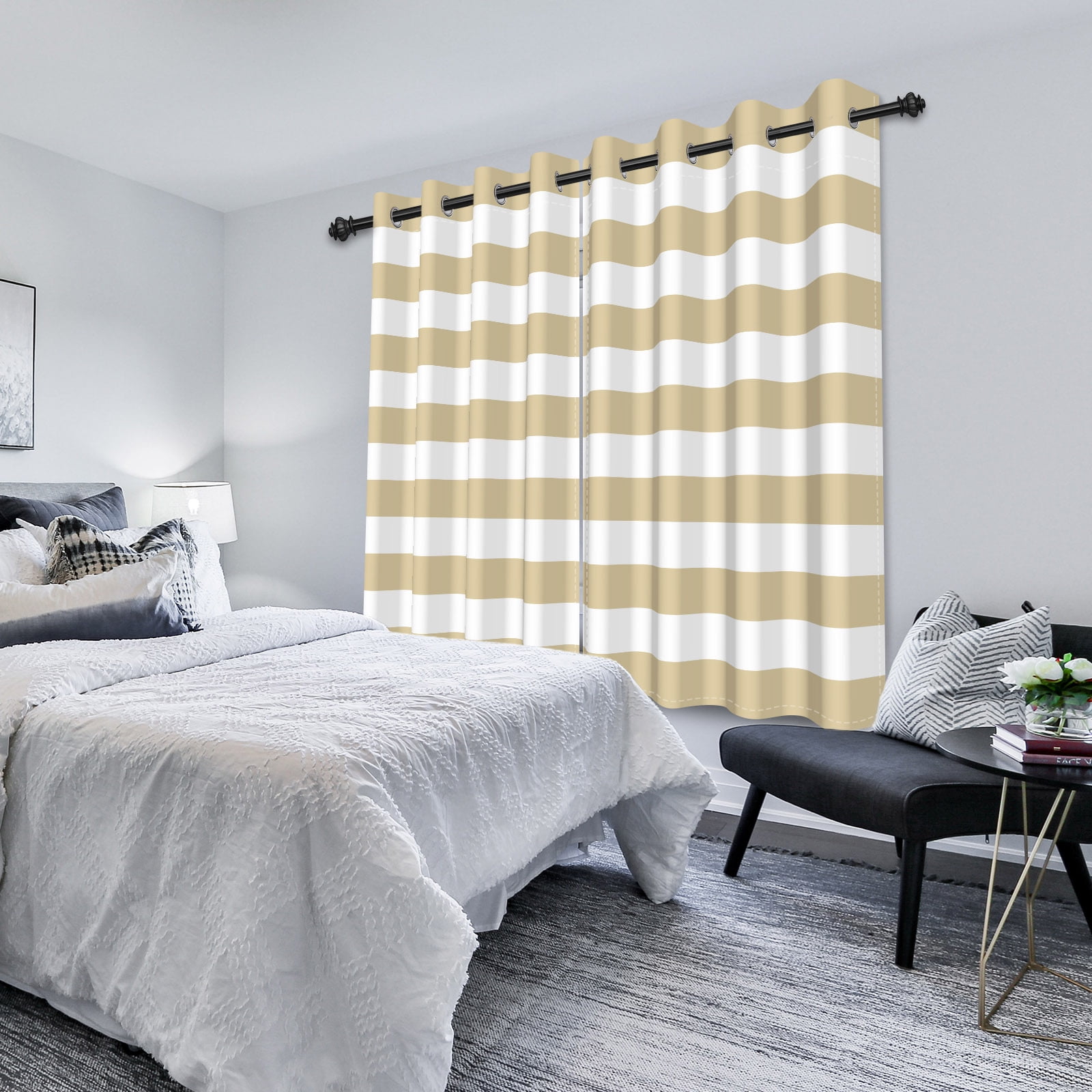 Nanqianyi Beige Striped Blackout Curtains, Classic Horizontal Stripe Grommet Drapes for Bedroom, Thermal Insulated Room Darkening Curtains 2 Panels Set 42x84 Inch