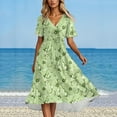 thumbnail image 5 of Women's Summer Dress Sexy V Neck Casual Wear To Work Dresses Short Sleeve Smocked Flared Flowy Beach Boho Midi Floral Dress,Light Green XL, 5 of 6