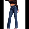 thumbnail image 1 of Pantalones Vaqueros de Cintura Alta para Mujer, Elásticos, de Corte Acampanado y con Cinturilla Elástica. Azul Oscuro XL, 1 of 7