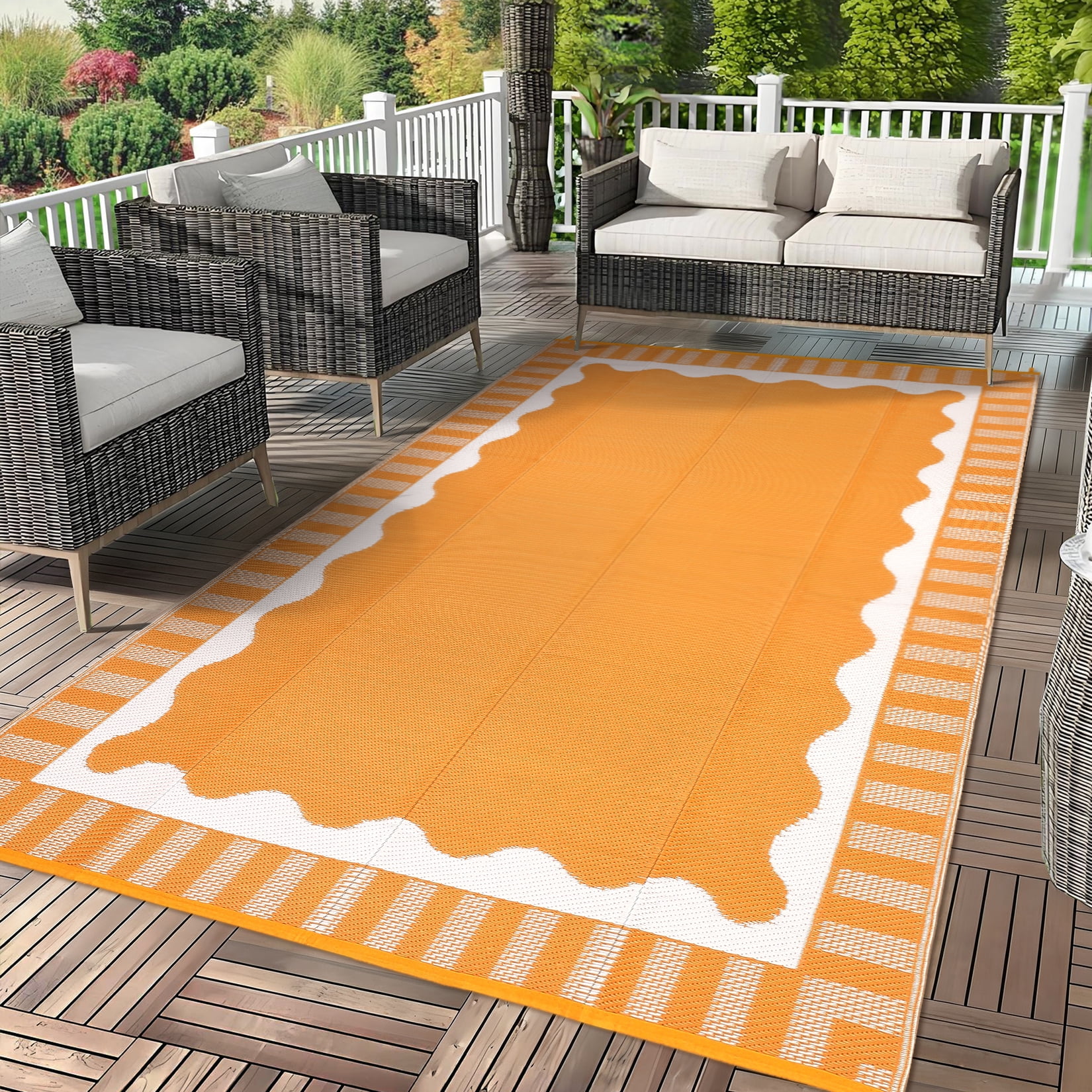 Hasoo 9' x 12' Orange/White Outdoor Rug for Patio Decor Waterproof Plastic Straw Modern Geometric Scalloped Bordered Pattern Carpet PP Tube Woven Portable Camping Mat for Picnic Balcony