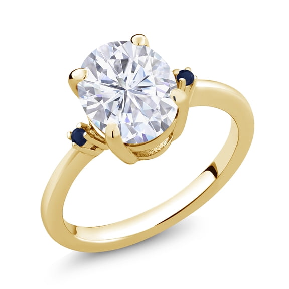 Gem Stone King 18K Yellow Gold Plated Silver White Moissanite and Blue Sapphire 3 Stone Ring for Women (3.03 Cttw, Oval 10X8MM, Gemstone Birthstone, Size 9)