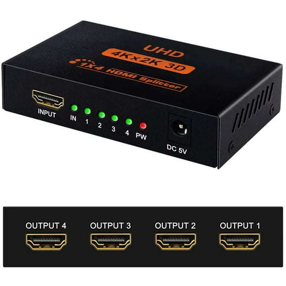 HDMI Splitter 1 in 4 Out - 4K Aluminum , Powered HDMI Splitter Supports 3D 4K@30HZ Full HD1080P for Xbox PS4 PS3 Fire Stick Roku Blu-Ray Player Apple TV HDTV
