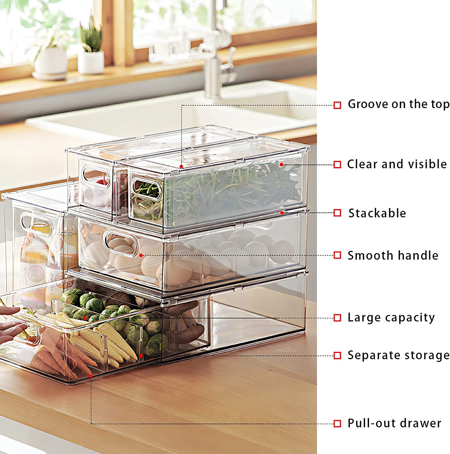 Fridge Drawers - Clear Plastic Stackable Pull-Out Refrigerator