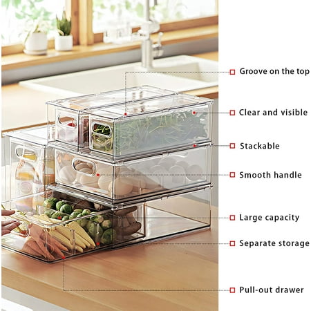 

Fridge Drawer Pull Out Stackable Bins with Handle Clear Refrigerator Drawers Organizer Food Storage Container Box Set Plastic Produce Saver for Pantry Cabinet Kitchen Clothes