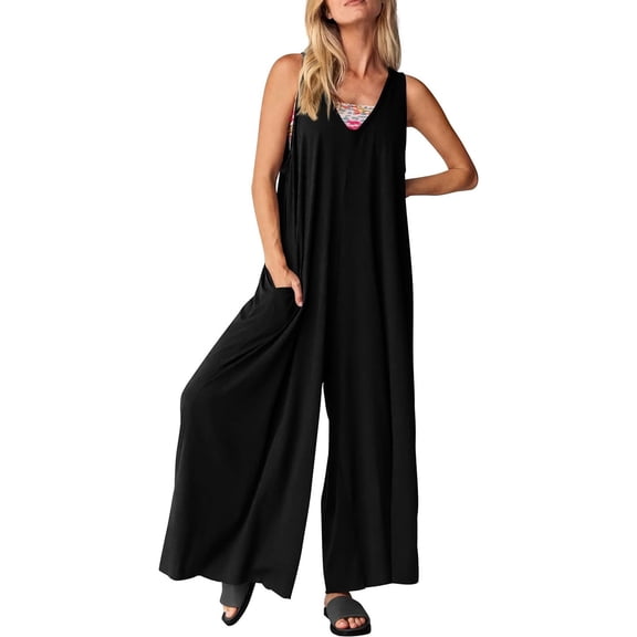 GILIGEGE Women's Summer Causal Jumpsuits Sleeveless Wide Leg Long Rompers V Neck Strap Loose Baggy Overalls Beach Jumpsuits with Pockets High Waisted Stylish Loose Jumpsuit Vest V Neck Wide Leg