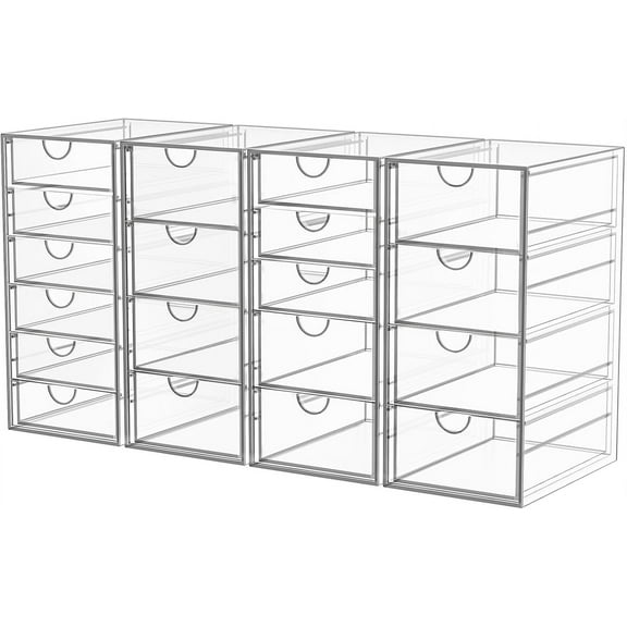 Acrylic Makeup Organizer with 19 Drawers, 4 Pack Clear Storage Drawers, Bathroom Makeup Organizer for Palettes, Cosmetic, and Beauty Supplies,Ideal for Vanity, Cabinet,Desk Organization