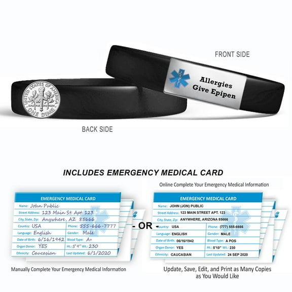 Pre-engraved "ALLERGIES GIVE EPIPEN" MedicBand Medical Alert ID Bracelet. Emergency Medical Card, Complimentary 12-Month Access PHR (Personal Health Records) - Black / Small