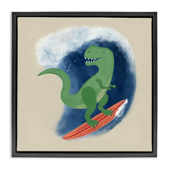 Stupell Industries Surfing Dino T-Rex Novelty & Humor Painting Black Floater Framed Canvas Art Print Wall Art, 18 x 18