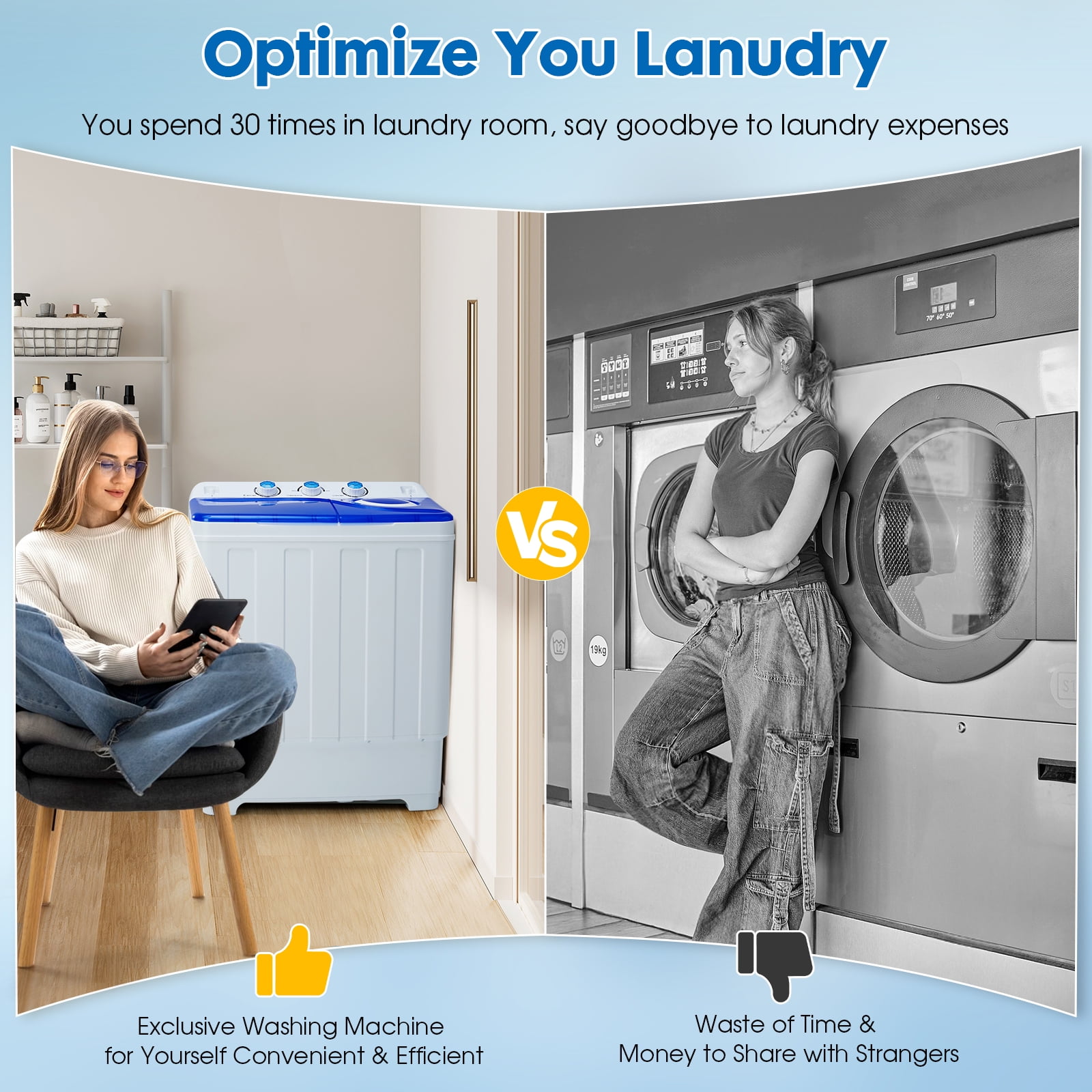 Dawmilon Portable Twin Tub Washing Machine, 28 lb Capacity with Drain Pump, Compact Washer for Apartments, Dorms & RVs, Blue