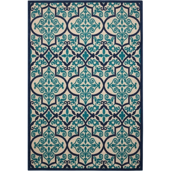 homeroots outdoor 384777 5’ x 8’ Navy and Beige Trellis Indoor Outdoor Area Rug