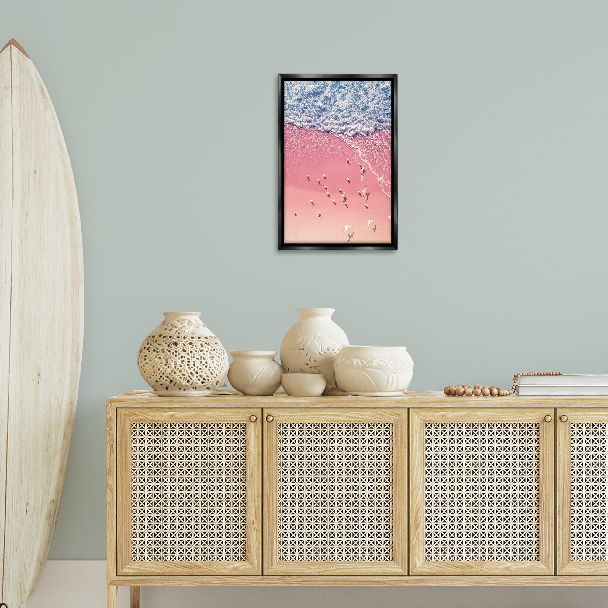 Stupell Industries Aerial Seagulls Pink Beach Landscape & Nature Photography Black Floater Framed Canvas Art Print Wall Art, 17 x 25