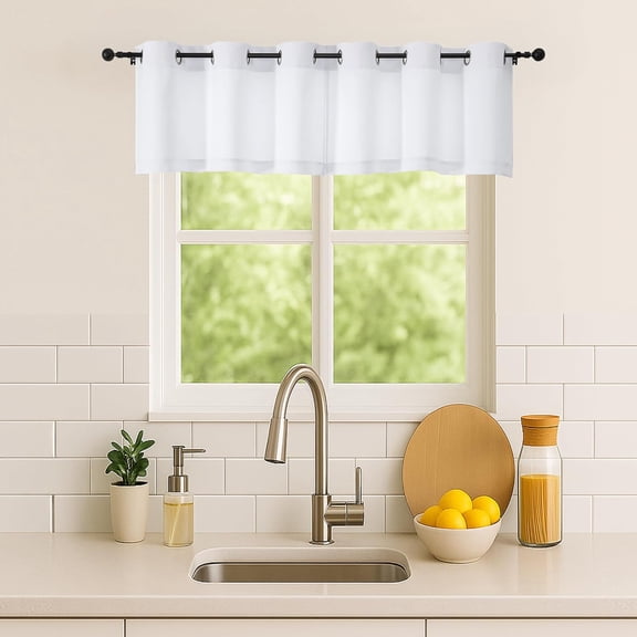 Pure White Window Valance for Kitchen 14 Inches Long 2 Panels Set, Light Filtering Valance Curtains for Living Room, Grommet Short Privacy Kitchen Curtains for Bedroom Kids Room, 40Wx14L