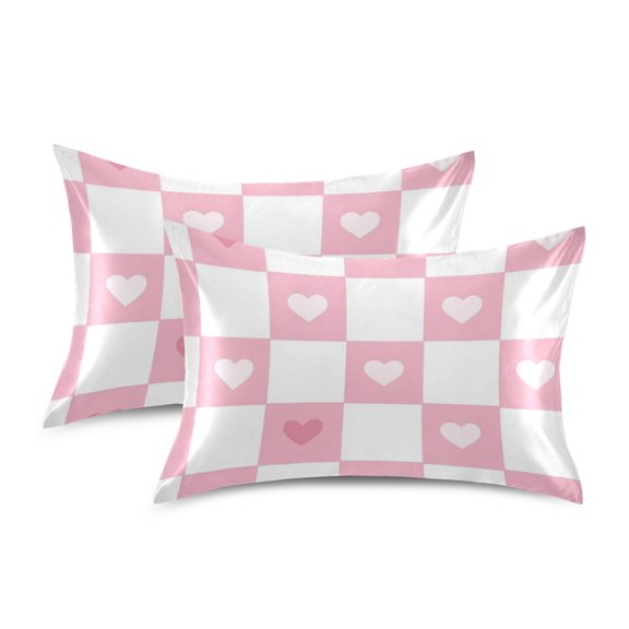 Yayeee Pillowcase Standard Size Set of 2 Satin Wrinkle Resistant Pillow Case, Pink Checkered Heart