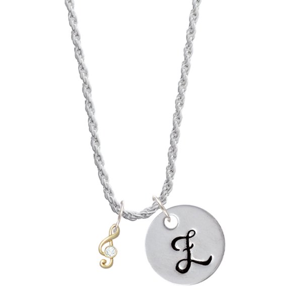 Delight Jewelry Goldtone Mini Clef with Crystal Silvertone Script Initial Disc - Z - Charm Necklace, 20"+3"