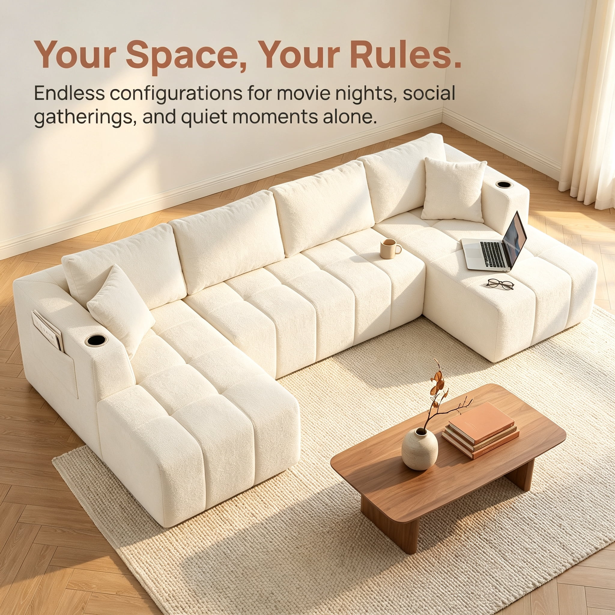 ShiKeyi 132.5" Modern U-Shaped Modular Sectional Sofa with Double Chaise, Premium Chenille Fabric Cloud Couch Set with Cup Holders & Storage Pockets for Living Room, Beige