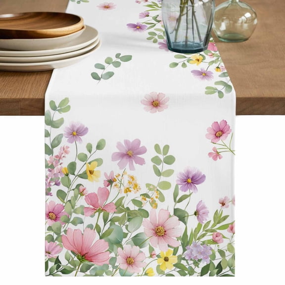 Table Runner 36 Inches Long for Kitchen Dining, Pink Spring Floral Dresser Scarf Farmhouse, Dining Table Decorations for Wedding/Parties, Watercolor Botanical Wildflowers 13 x 36 In