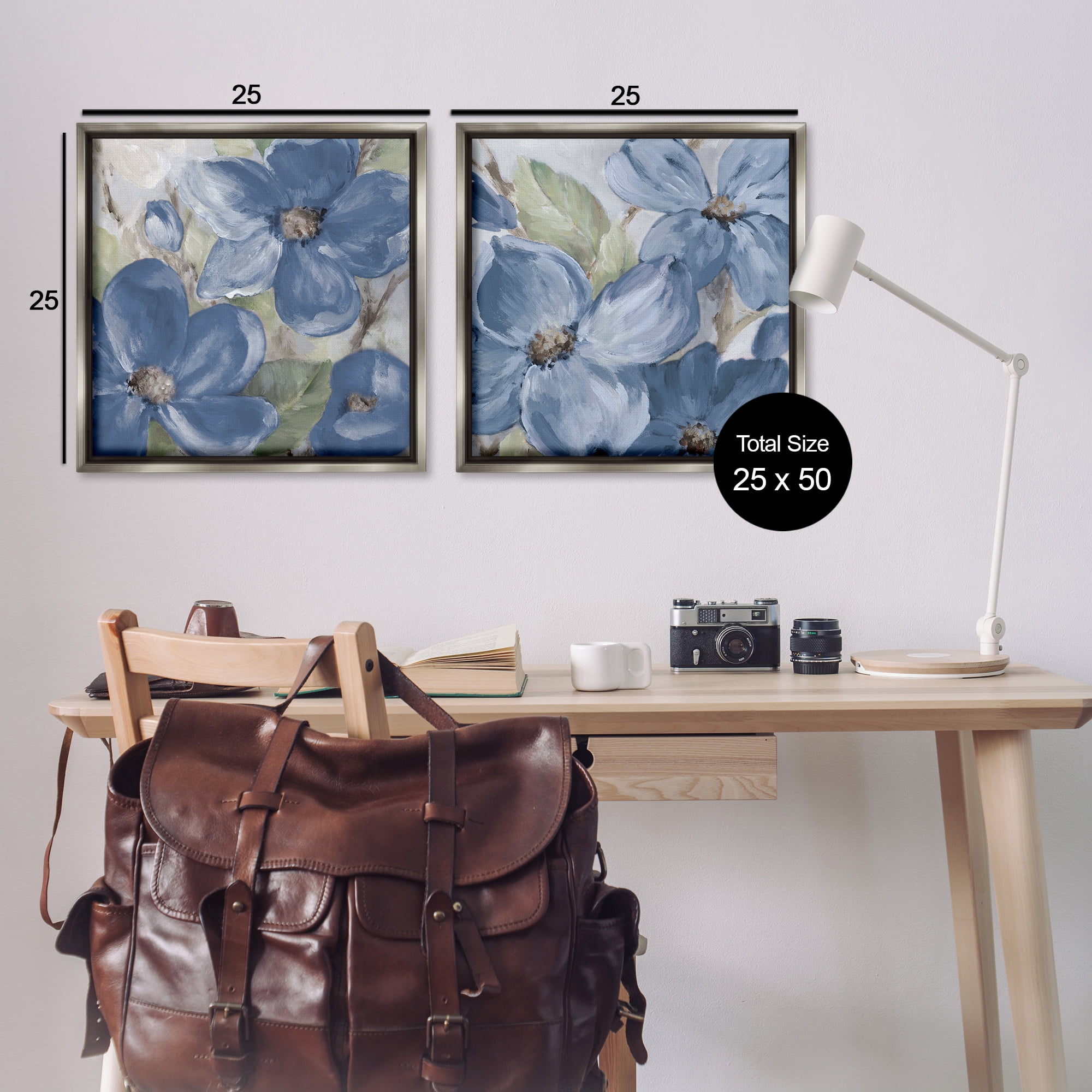 Stupell Industries Blue Blooming Petals Plants & Flowers Painting Gray Floater Framed Canvas Art Print Wall Art, 25 x 25, Set of 2