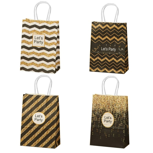 Gold Black Gift Bags Bulk w/Handle, Modern Geometric Paper Gift Wrap