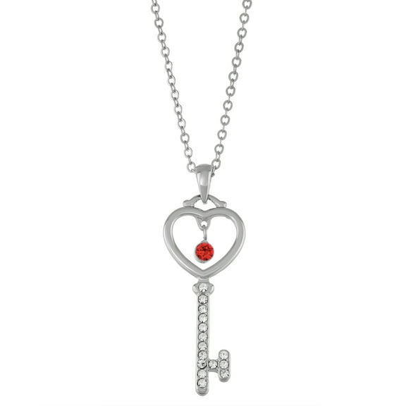 X & O Rhodium Plated Open Heart Shaped Key with Dangling Siam Swarovski Crystal and Clear Accent Crystal Pendant Necklace