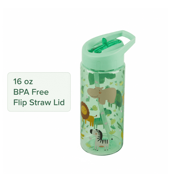 Jungle Safari 16oz Water Bottle with Flip Straw Lid, BPA-Free Plastic