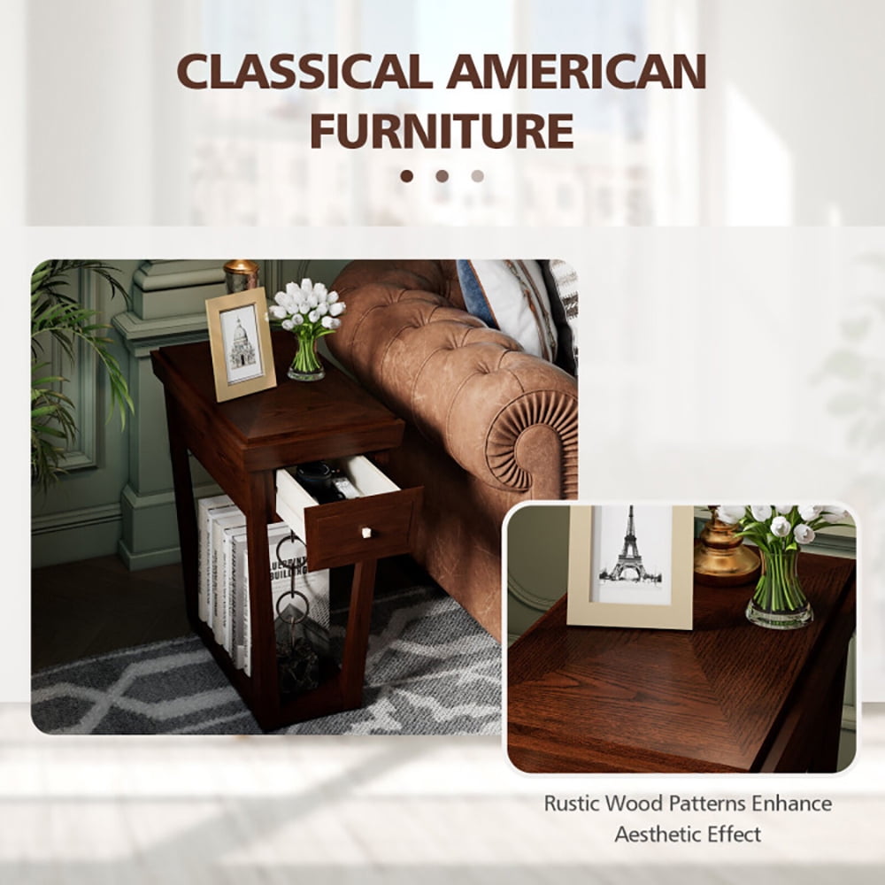 Finihen End Table, 2-Tier Rubber Wood Classic End Table with Drawer and Shelf, Sofa Side Table, Bed Side Table, for Living Room, Bedroom, Dark Brown Finihen End Table, 2-Tier Rubber Wood Classic End Table with Drawer and Shelf, Sofa Side Table, Bed Side Table, for Living Room, Bedroom, Dark Brown