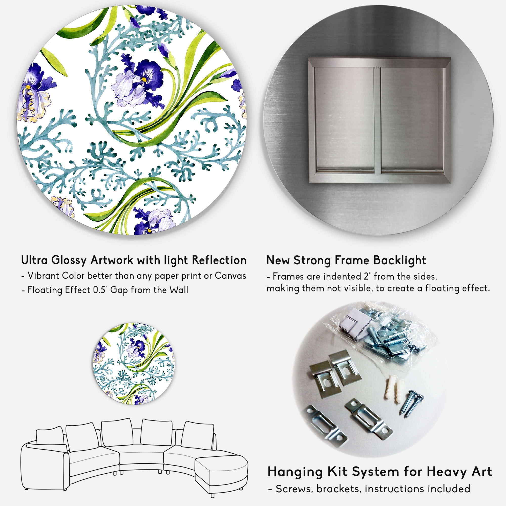 Designart 'Abstract Blue Iris With Wild Spring Leaves' Traditional Circle Metal Wall Art 23x23 - Disc of 23