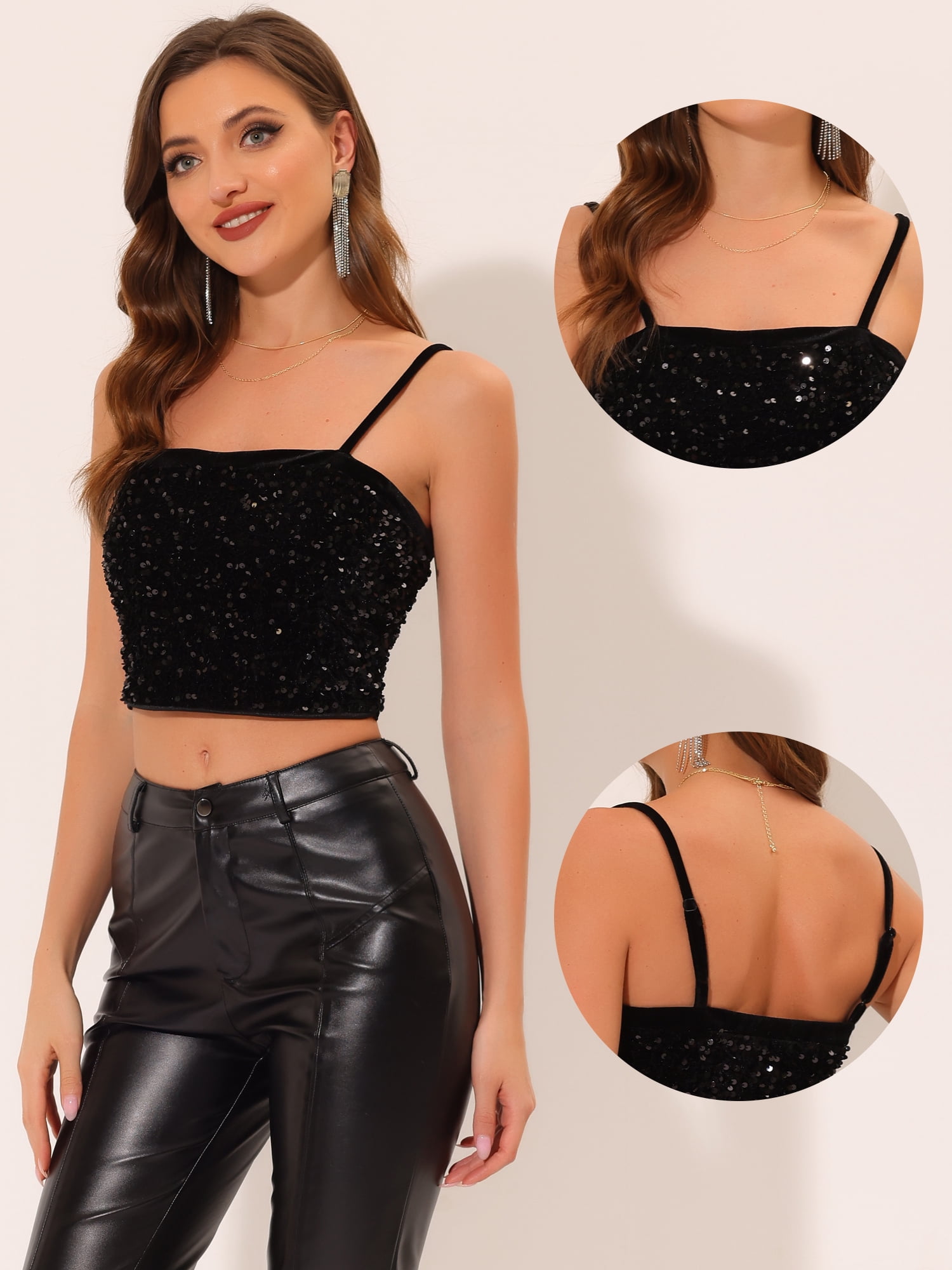 DARING DIVA Women's Velvet Spaghetti Strap Glitter Sequin Cami Top S Black