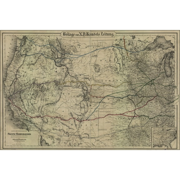 24"x36" Gallery Poster, railroad map western united states 1870 in german