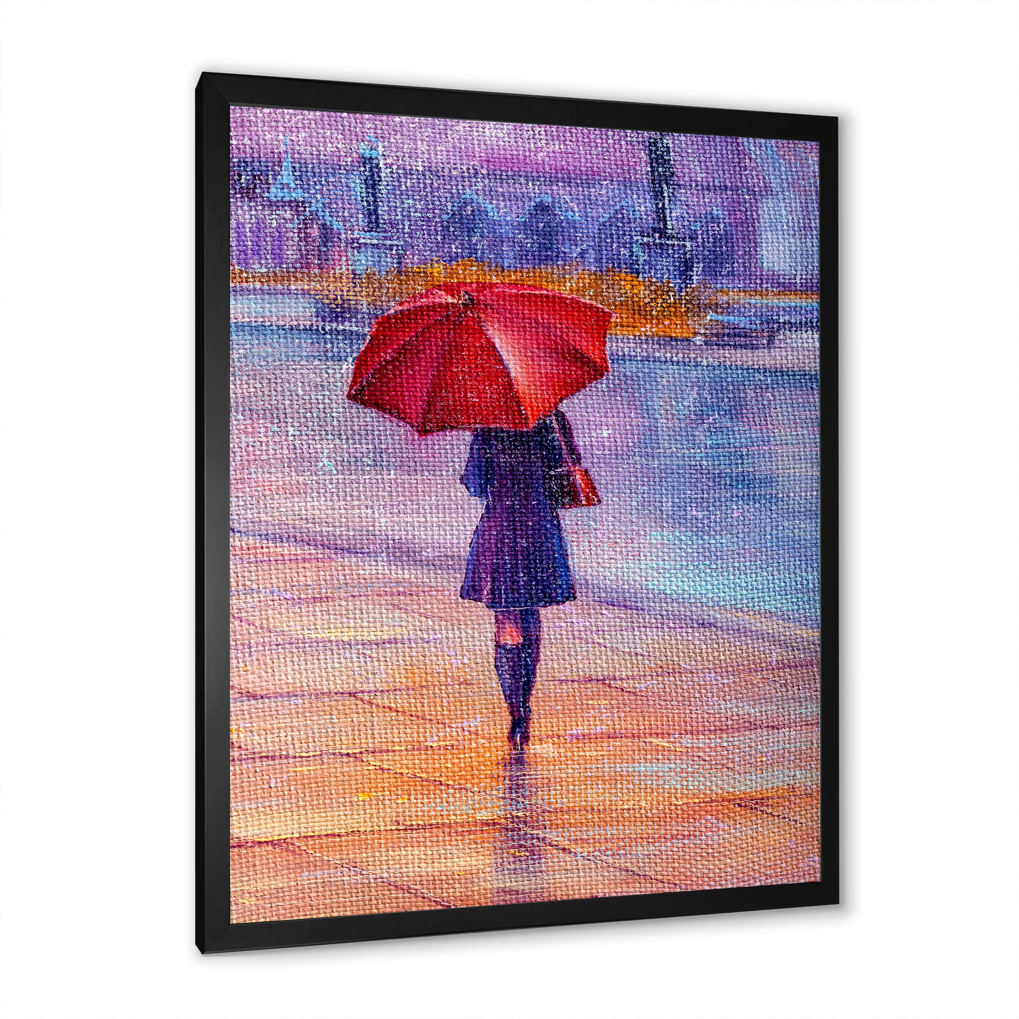 Designart 'Girl Walking With Red Umbrella Under The Rain' French Country Framed Art Print