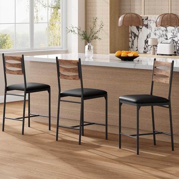 GAOMON Bar Stools Set of 2, Wooden Barstools, Faux Leather Upholstered Bar Chair with Back & Footrest & Thick Cushion, Counter Height Bar Stools for Kitchen Island Apartment, Black