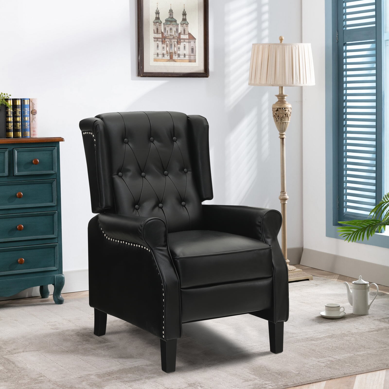 Leather Push Back Recliner Chair Black (Set of 1)