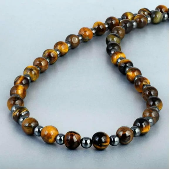 K-KED 18" Strand Natural 8mm Tiger Eye 6mm Hematite Round Beads Gemstone Necklace Gift