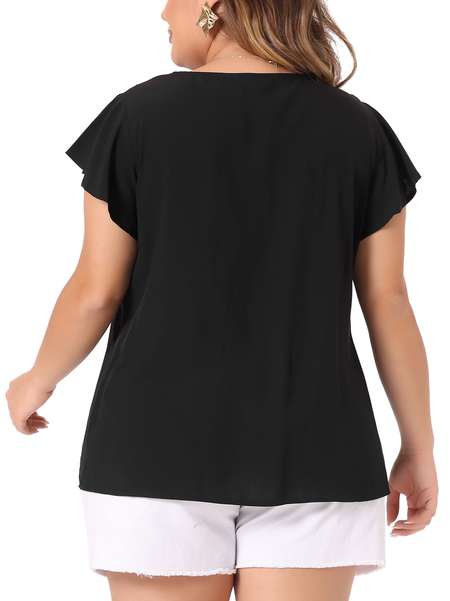 DARING DIVA Women's Plus Ruffle Sleeve Peasant Tie Neck Boho Top 2X Black
