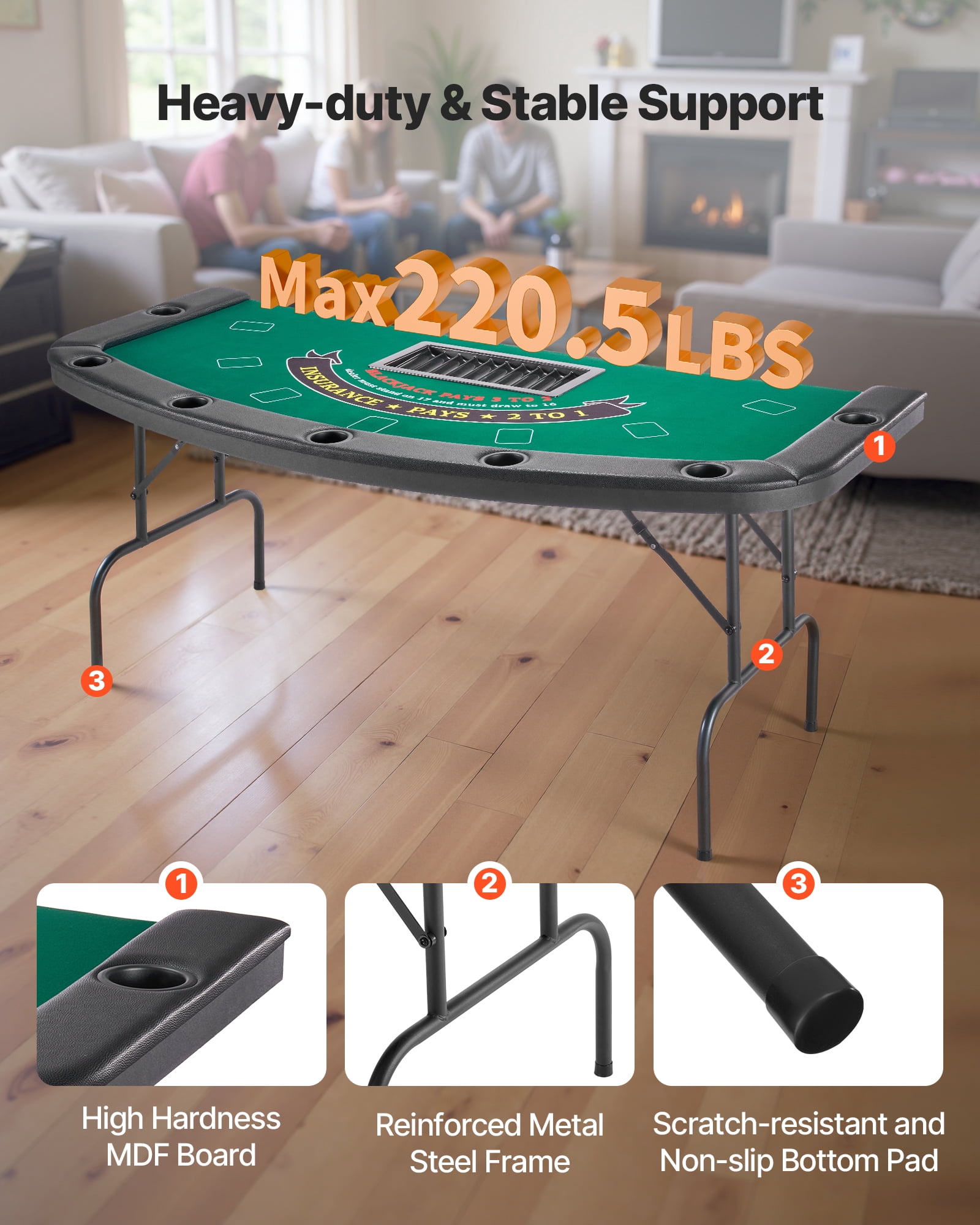VEVOR Foldable Poker Table, 7 Player 72 in Folding Casino Leisure Table with Padded Rails & Cup Holders, Semi-oval Portable Game Tables with Felt & Metal Legs, for Texas Holdeem Game and Blackjack