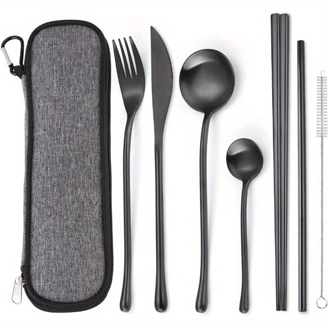 QUTETN 7pcs 18 8 Stainless Steel Flatware Set Portable Reusable Cutlery Set Travel Utensils Set Including Chopsticks Knife Fork Spoon Straws Cleaning Brush Dishwasher Safe CBlack