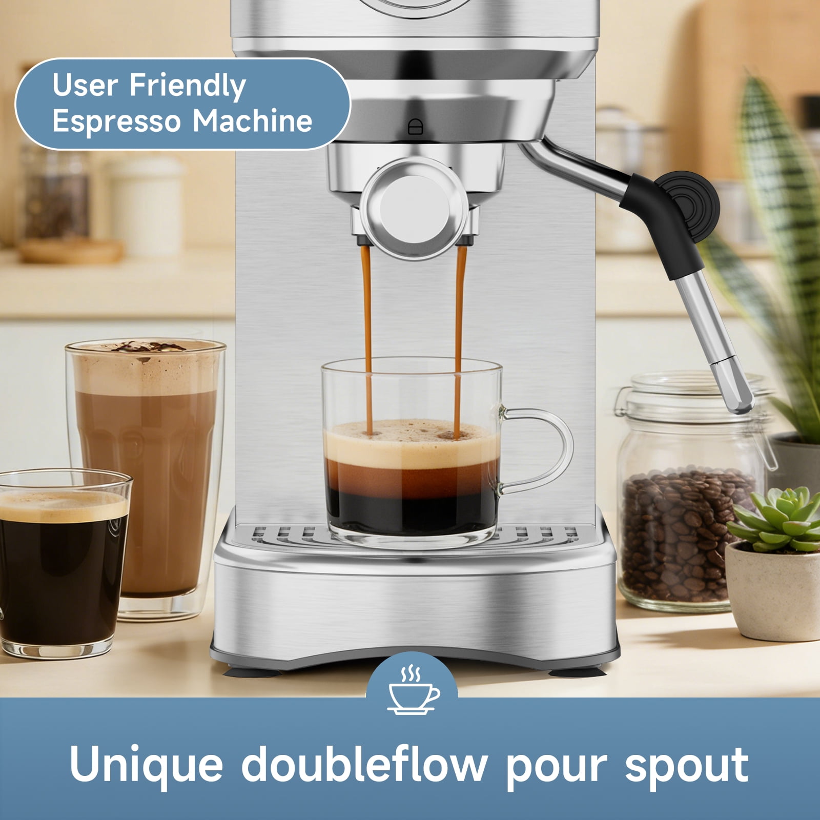 SUDILO 20 Bar Espresso Machine, Stainless Steel Coffee Maker with Steam Frother, 34oz Removable Water Tank, Compact for Home Office, Silver