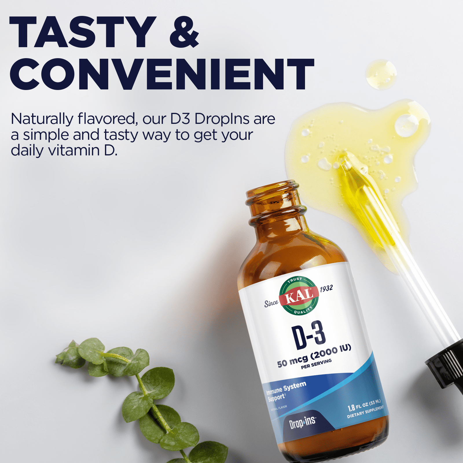KAL Vitamin D-3 2000 IU Dropins in Organic Chia Seed Oil, Natural Blueberry | Healthy Immune & Bone Support | 590 Serv.