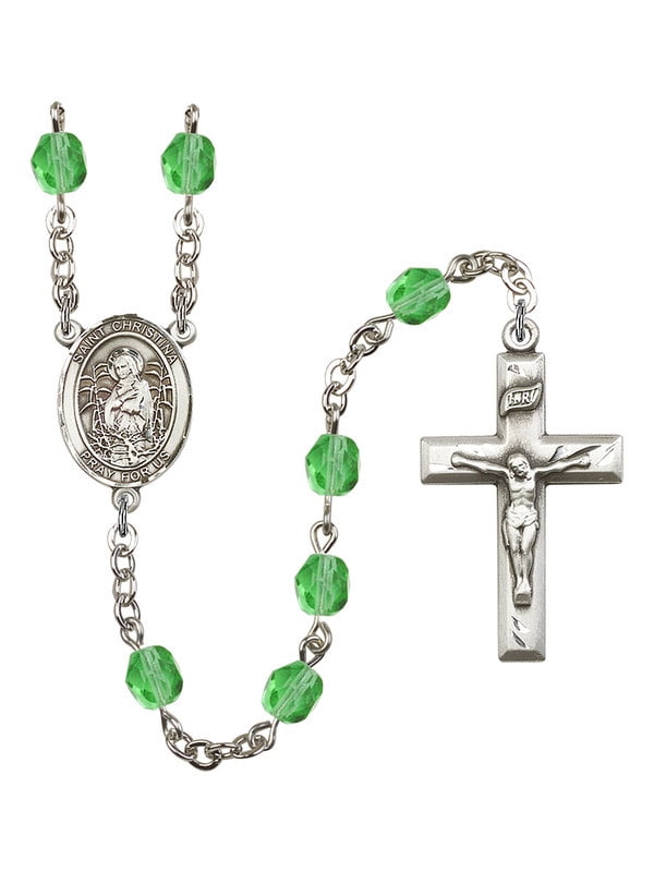 18-Inch Rhodium Plated Necklace with 6mm Zircon Birthstone Beads and Sterling Silver Saint Lawrence Charm. 18-Inch Rhodium Plated Necklace with 6mm Zircon Birthstone Beads and Sterling Silver Saint Lawrence Charm.