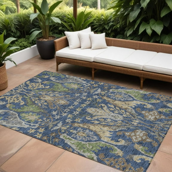 HomeRoots 605293 9 x 12 ft. Navy Blue, Green & Brown Floral Washable Indoor & Outdoor Rectangle Area Rug